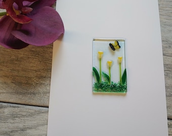 Yellow Tulip Greeting Card, Fused Glass, Mother's Day, Birthday Card, Get Well, Frameable Art, Unique Gift, Blank Card