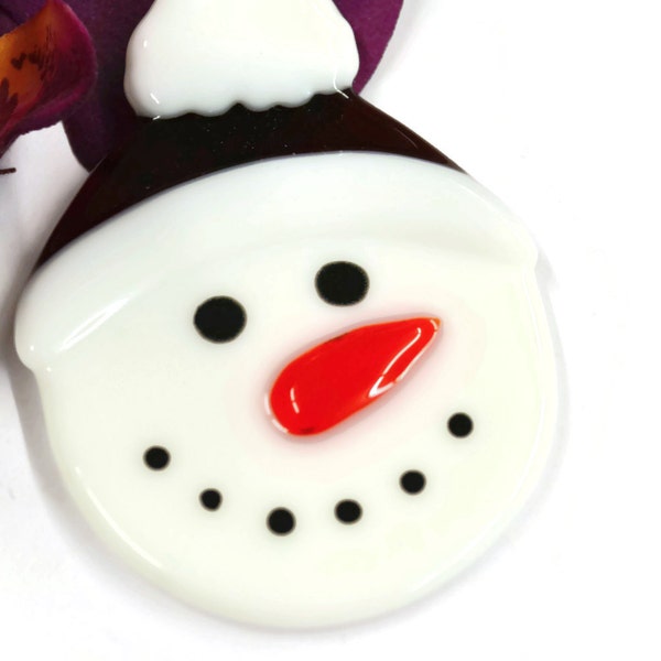 Snowman Christmas Ornament, Fused Glass, Tree Decor, Red Hat, Holiday Decor, Place Card