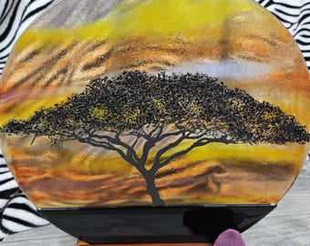 Afrikanischer Akazienbaum beleuchtetes geschmolzenes Glas Panel, Wohnkultur, beleuchtete Kunst Safari Dekor, afrikanischer Sonnenuntergang, Statement Piece
