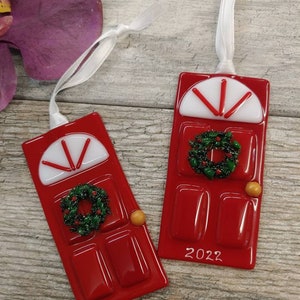 Christmas Red Door Ornament, Fused Glass, Wreath on Door, New Home Gift, 1st Christmas Together, Unique Gift, Holiday Decoration