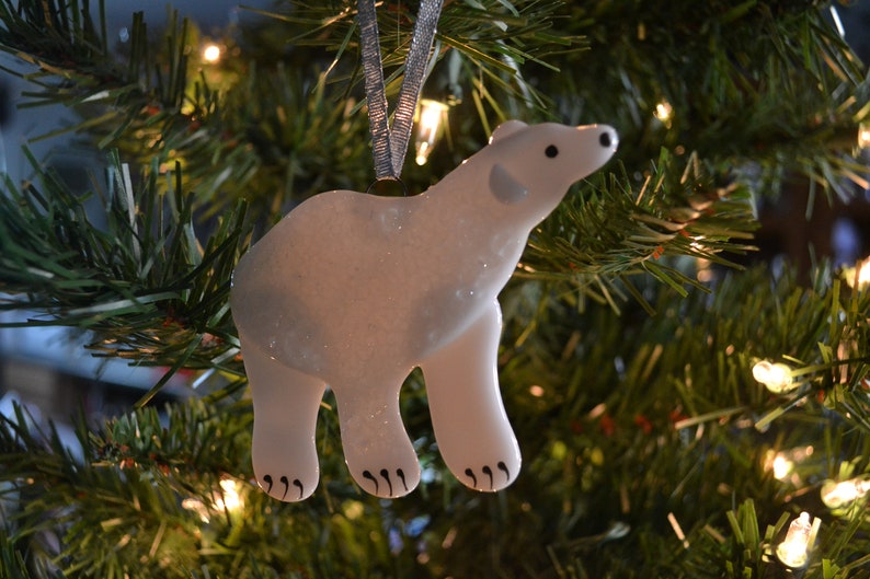 Polar Bear Ornament, Christmas Ornament, Fused Glass, Alaska Animal, Arctic Animal, Christmas Decor, Home Decor, Glass Bear image 3