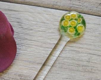 Lemon Murrini Swizzle Stick, Fused Glass Iced Tea Stir Stick, One Swizzle, Summer Time Drink Stirrer, Party Favor