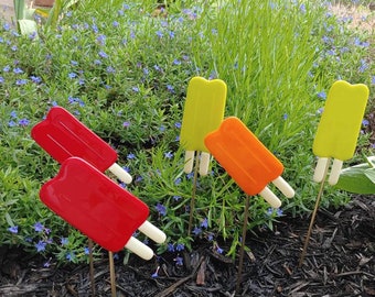 Popsicle Plant Stake Fused Glass, Twin Pops Yard Art, Summertime Decoration, Cherry Lime Orange, Flower Pot Decor, Double Pops