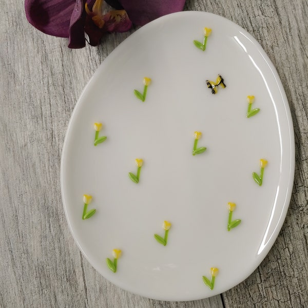 Yellow Tulips and Butterfly Easter Dish, 7 1/2" Fused Glass Egg Shaped Dish, Easter Decor, Relish Dish, Small Cookie Plate, Unique Gift