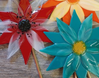 Flower Plant Stake Fused Glass, Garden Stick, Gardners Gift, Unique Gift,  Artist Signed, Orange and Yellow, Peacock Blue, Red Black White