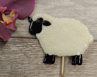 Lamb Plant Stake, Sheep Yard Art, Easter Decor, Fused Glass, Garden Stake, Garden Art, Nursery Decor, Farm Animal, Suffolk Sheep Pastor Gift