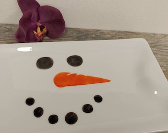 Snowman Serving Tray, Fused Glass, Christmas Platter, Formed Handles, Holiday Decoration, Snowman Deco, Snowman Face. Housewarming Gift