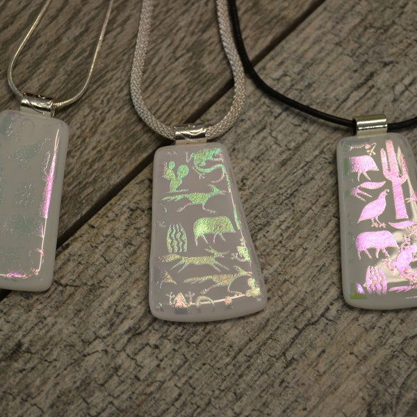 Southwest Dichroic Fused Glass Pendant, Cactus Necklace, Statement Jewelry, Lizard Design, Roadrunner Quail, Unique Gift for Her, Pink Green