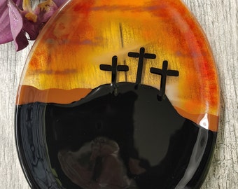 Calvary Hill Easter Dish, Fused Glass Easter Decor, Egg Shape Candy Dish, Relish Dish, Unique Gift, 7.5 x 6 Religious Gift