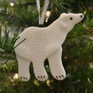 Polar Bear Ornament, Christmas Ornament, Fused Glass, Alaska Animal, Arctic Animal, Christmas Decor, Home Decor, Glass Bear image 1