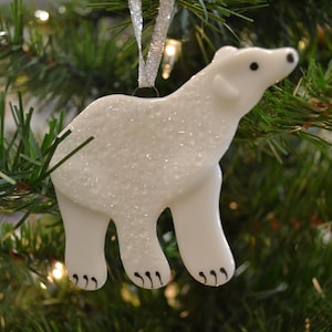 Polar Bear Ornament, Christmas Ornament, Fused Glass, Alaska Animal, Arctic Animal, Christmas Decor, Home Decor, Glass Bear