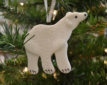 Polar Bear Ornament, Christmas Ornament, Fused Glass, Alaska Animal, Arctic Animal, Christmas Decor, Home Decor, Glass Bear