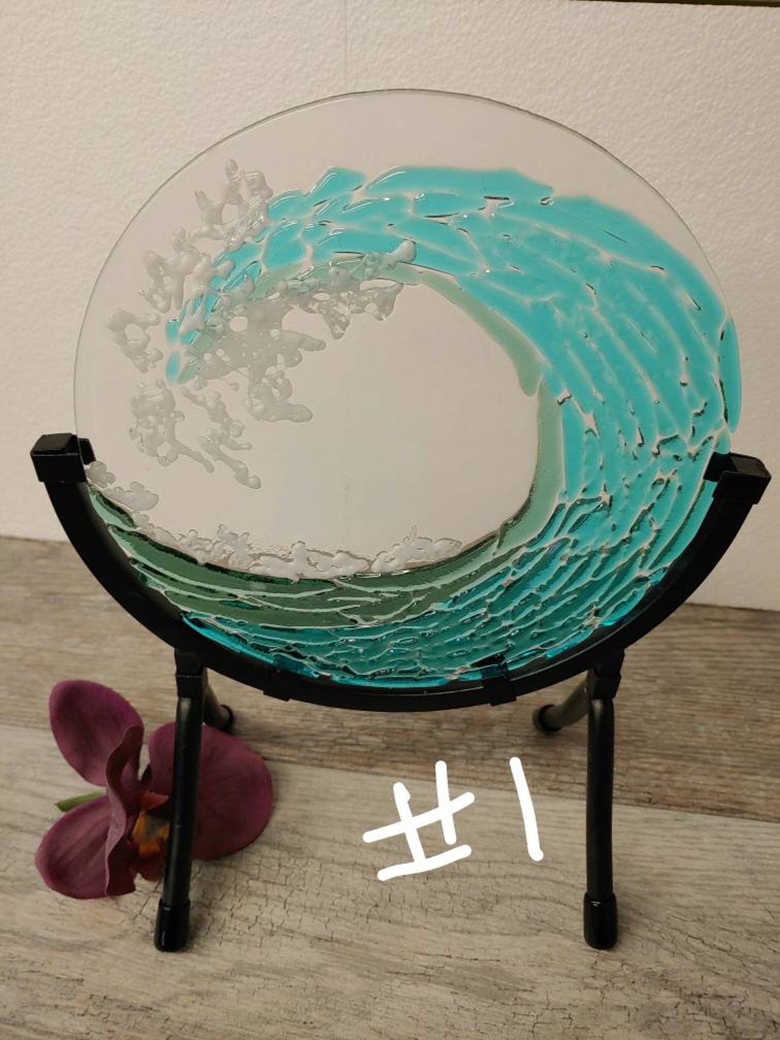Fused Glass Wave Tabletop Beach Decor Metal Stand Unique Etsy