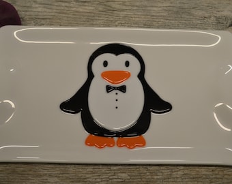 Penguin Serving Tray, Fused Glass, Christmas Decor, Unique Gift, Black and White, Wedding Gift, Holiday Plate, Tuxedo Design, Hostess Gift