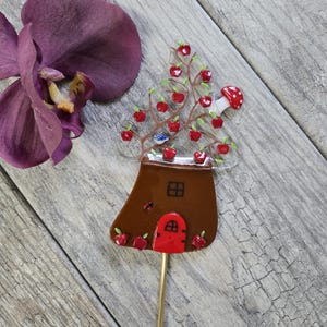 Smält glas svamp krukväxt stake: Äppelträd Fairy Garden Decor