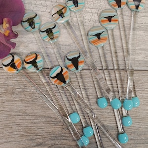 Southwest Steer Skull Swizzle Stick, Fused Glass Stir Stick, 7&quot; Cocktail Stirrer, Turquoise Persimmons, SW Barware, Cow Bull Skull