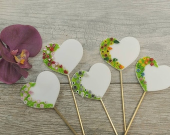 Floral Heart Plant Stake, Fused Glass Garden Pick, Valentine Decor, Rainbow, Wedding Bridal Party Favor, Unique Gift for Engagement Party