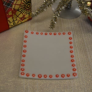 Peppermint Dessert Plate, Fused Glass Christmas Plate, Red and White Decor, Millefiori Candy, Cookie for Santa, Small and Square, Sushi Dish