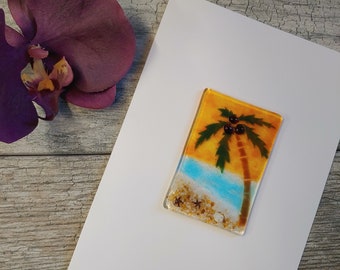 Beach Scene and Palm Tree Blank Greeting Card Fused Glass, Von Buoyage Card, Unique Gift Card, Frameable Art, Sunset Art, Sunrise Scene