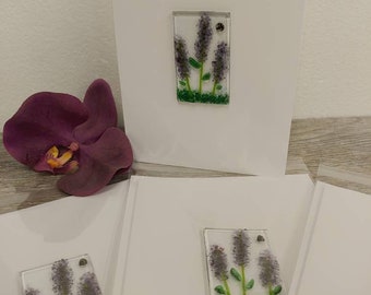 Hyacinths Blank Greeting Card Fused Glass Birthday Thank You Just Because Unique Gift Frameable Art Purple and Green Spring Bumble Bee