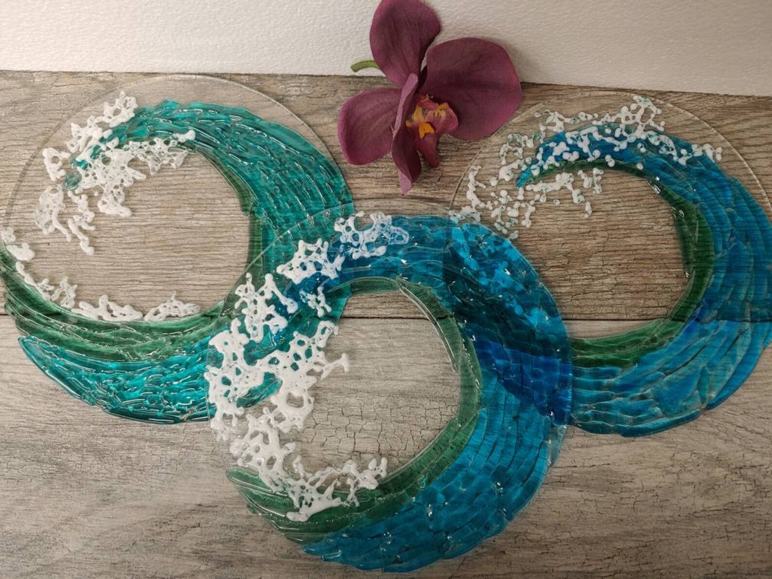 Fused Glass Wave Tabletop Beach Decor Metal Stand Unique Etsy