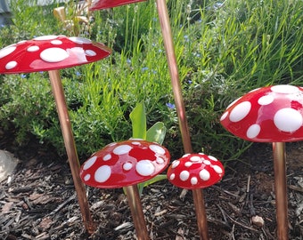 Red with White Polka Dot Mushroom Garden Stakes, Fused Glass Yard Art Fairy Garden, Copper Stake, Unique Gift, Housewarming Gift