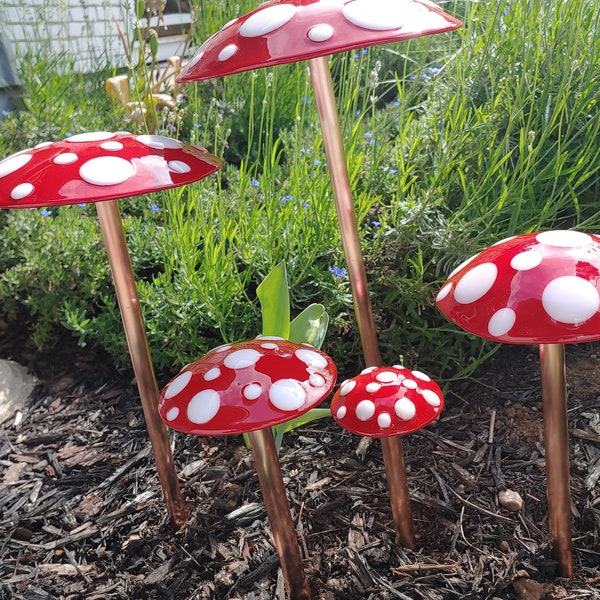 Red with White Polka Dot Mushroom Garden Stakes, Fused Glass Yard Art Fairy Garden, Copper Stake, Unique Gift, Housewarming Gift