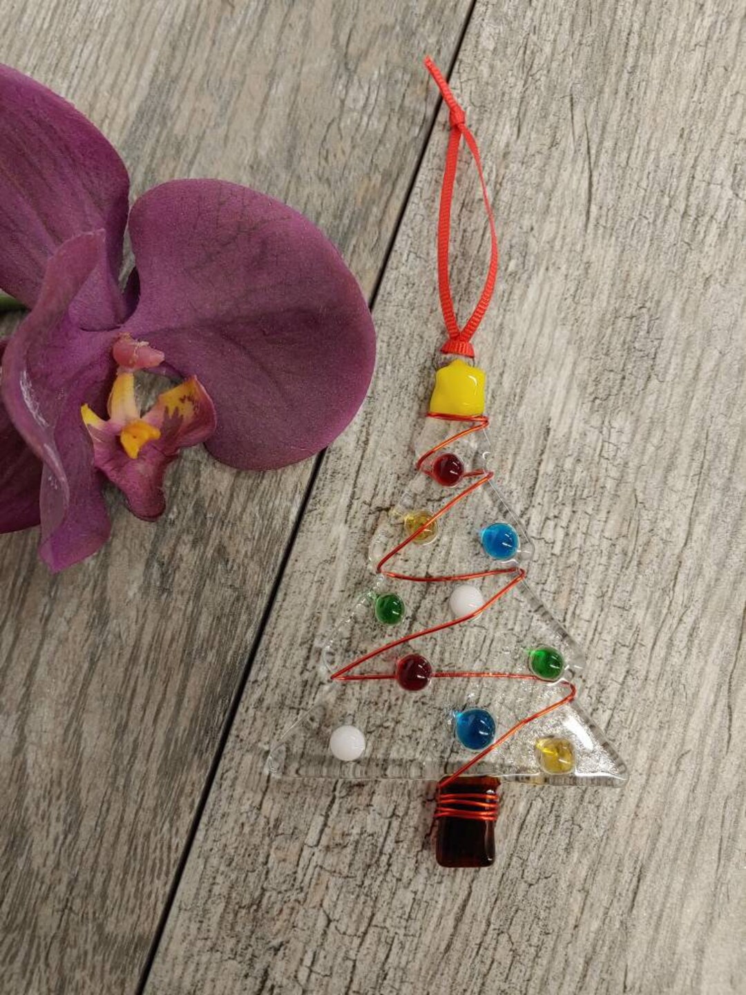 Christmas Tree Ornament Fused Glass Tree Shape Wire Etsy