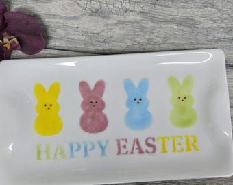 Osterhase Peeps Tablett aus geschmolzenem Glas: Handgefertigte Oster-Servierplatte mit Griffen