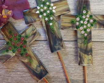 Cross Plant Stake, Fused Glass, Easter Gift, Sympathy Gift, Bereavement Gift, Loss of Pet, White Flowers