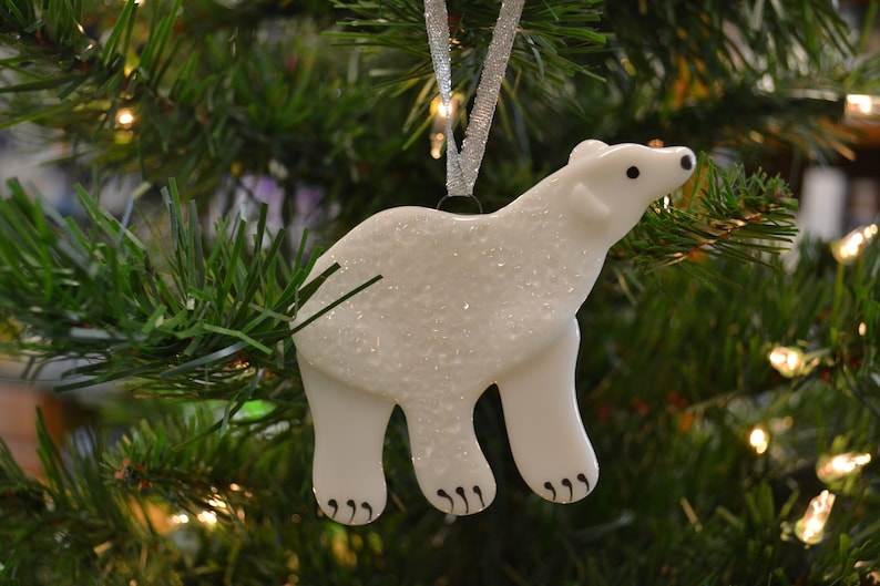 Polar Bear Ornament, Christmas Ornament, Fused Glass, Alaska Animal, Arctic Animal, Christmas Decor, Home Decor, Glass Bear image 5