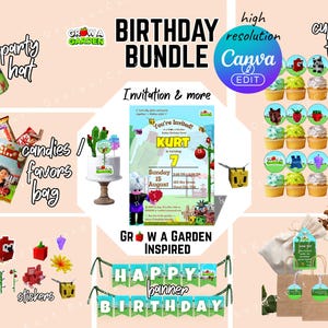 Grow a Garden Roblox Birthday Party Bundle | Editable Canva Invitation, Party Decor, Favor Bags, Tags & More | Instant Download