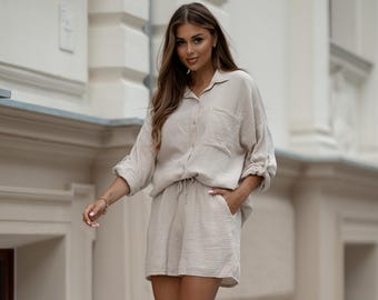 JORDAN Muslin set, woman cotton set, Muslin Shorts and Shirt Set, Women’s Muslin Matching Set, Lightweight & Breathable Summer Outfit