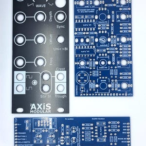 May include: A blue and black printed circuit board for an electronic music synthesizer module called "Ebb/Flow PCB 1.4" by Axis Modular. The board has a variety of components, including potentiometers, switches, and LEDs. The board is labelled with the text "Ebb/Flow PCB 1.4", "Axis Modular", and "July 2024".