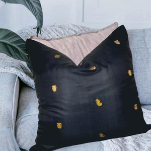Black With Golden Embroidery Silk Cushion Cover Handmade Throw Pillow Decorative Home Decor Pillowcase House Warming Bridal Gift Size 16x16