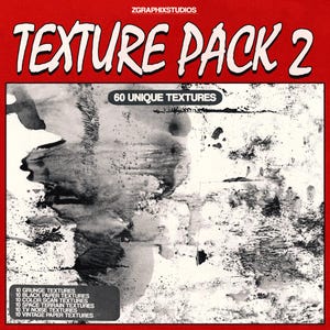 Puede incluir: Gráfico de arte digital con borde rojo y el texto "TEXTURE PACK 2" en blanco. La imagen presenta 60 texturas únicas, incluyendo grunge, papel negro, escaneo de color, terreno espacial, ruido de TV y texturas de papel vintage.