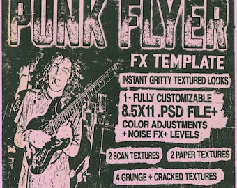 Szablon ulotki punkowej w formacie PSD: plakat grunge, edytowalne efekty Photoshopa (pobranie cyfrowe)