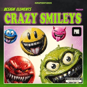 CRAZY SMILEYS PNGs - Emoji Clipart, Retro Smiley Pack, Smile Face Design Assets for Streetwear & Crafts, Cute SVG Files