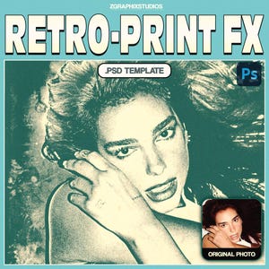 May include: A Photoshop template for creating a retro print effect. The template features a woman with her hand covering part of her face. The image is in black and white with a grainy texture. The text "RETRO-PRINT FX" is in large, bold, yellow letters at the top of the image. The text "PSD TEMPLATE" is in smaller, white letters below the main title. The text "ORIGINAL PHOTO" is in white letters below a smaller image of the woman in the bottom right corner of the image.