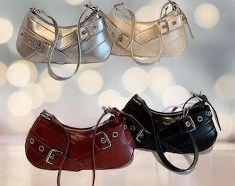 Slouchy Crescent-Shaped sling bag black handbag silver bag PU leather studded women&#39;s shoulder underarm bag mini bag minimalistic fashion