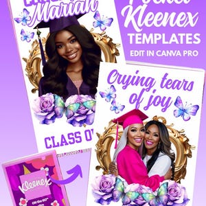 Könnte beinhalten: Pocket-Kleenex-Vorlagen mit Abschluss- und Feiertagsmotiven. Die Designs zeigen Bilder von Menschen, Schmetterlingen und floralen Elementen. Der Text enthält "Congrats Mariah", "Crying tears of joy" und "Tears of joy well up in our eyes, not from sorrow but from great pride."