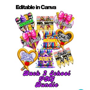 Può includere: Una collezione di grafiche PNG colorate per il ritorno a scuola. I disegni includono matite, righelli e cuori con nomi come "Mikayla", "Mrs. Smith" e "Michael". È visibile anche il testo "Back 2 School PNG Bundle".