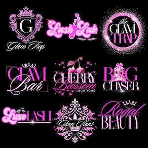 May include: A collection of nine pink and white logos on a black background. The logos feature various designs, including text, crowns, and decorative elements. The text includes phrases like "Glam Trap," "Lash Lab," and "Royal Beauty."