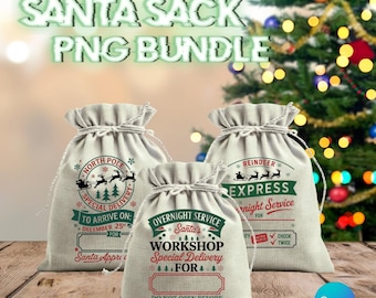 May include: Three beige Santa sacks with drawstring closures. Each sack features festive designs and text, including "North Pole Special Delivery" and "Reindeer Express Overnight Service." The text "Santa Sack PNG Bundle" is at the top.