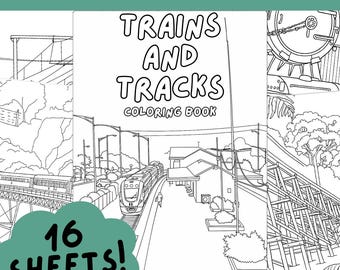 Puede incluir: Un libro para colorear en blanco y negro titulado "Trains and Tracks Coloring Book" con el texto "Trains Coloring Pack" en la parte superior. La portada presenta una escena de tren. Las palabras "16 Sheets!" están en una nube verde.