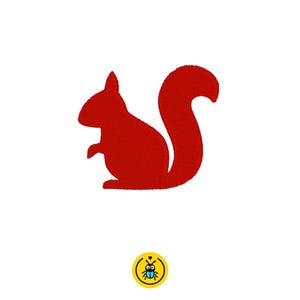 Peut inclure: Silhouette rouge d'un écureuil sur fond blanc. L'écureuil est représenté de profil, la queue recourbée vers le haut. L'image a un design simple et épuré, adapté à diverses applications.