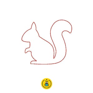 Puede incluir: Un contorno rojo de una ardilla de perfil, con una cola grande y tupida. La ardilla está representada en un estilo simple y minimalista sobre un fondo blanco. Un pequeño gráfico circular amarillo con un insecto de dibujos animados está en la esquina inferior izquierda.