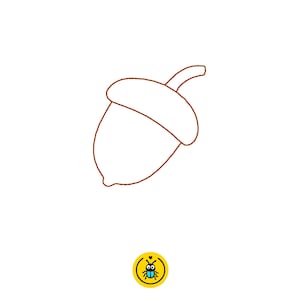 May include: A brown line drawing of an acorn with a cap and stem, on a white background. The acorn is a simple illustration, with the cap slightly angled. A small, circular graphic with a cartoon insect is in the lower right corner.