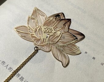 Lotus Leaf Golden Hollow Metal Bookmarks With Chain / Homemade Brass Bookmark / Valentine's Day Gift