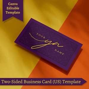 May include: Purple business card template with a decorative black and white pattern. The text "YOUR NAME" is written in gold lettering.